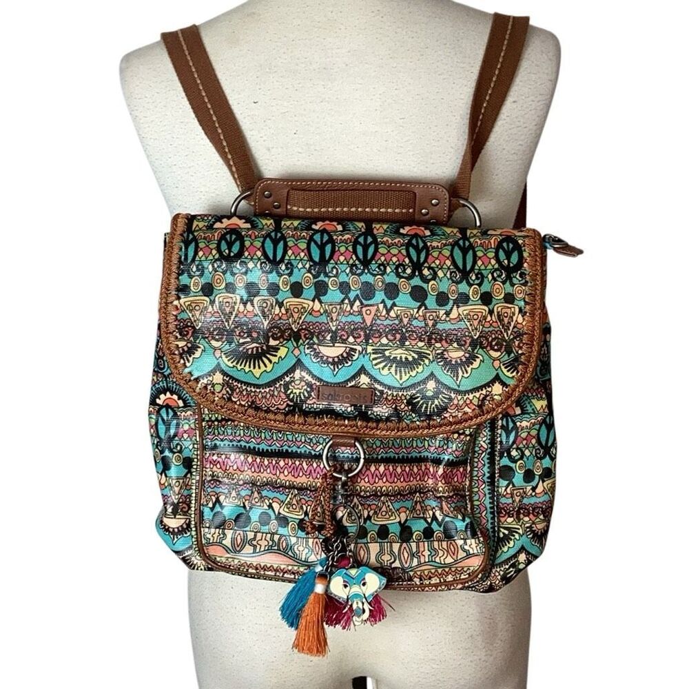 Sakroots Convertible Backpack Purse Coated Canvas Aqua One World Pattern w/ Char